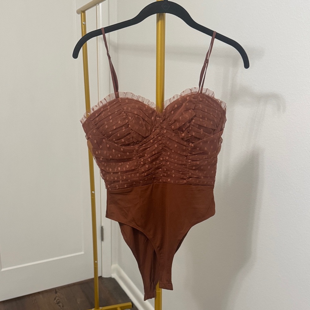 Brown Ruched Bodysuit with Spaghetti Straps